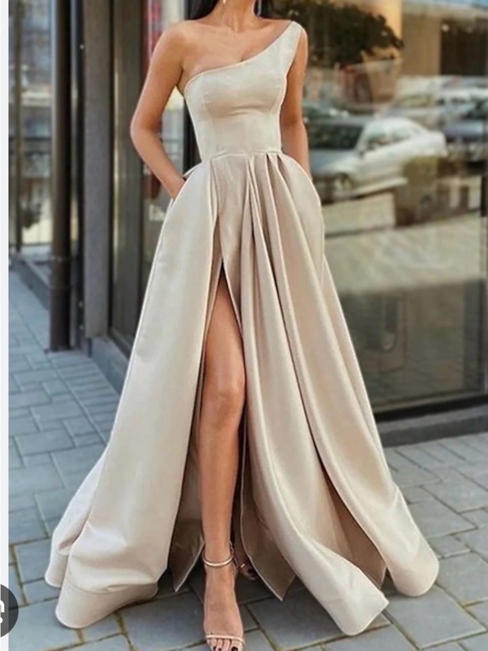 Asymmetric One-Shoulder Champagne Evening Gown